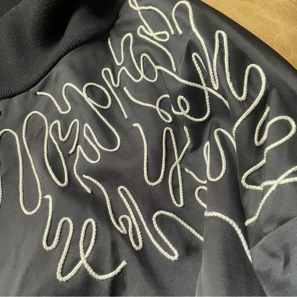 Adeam luxe bomber style cinched ties jacket w embroidery stitching black white - Picture 5 of 13